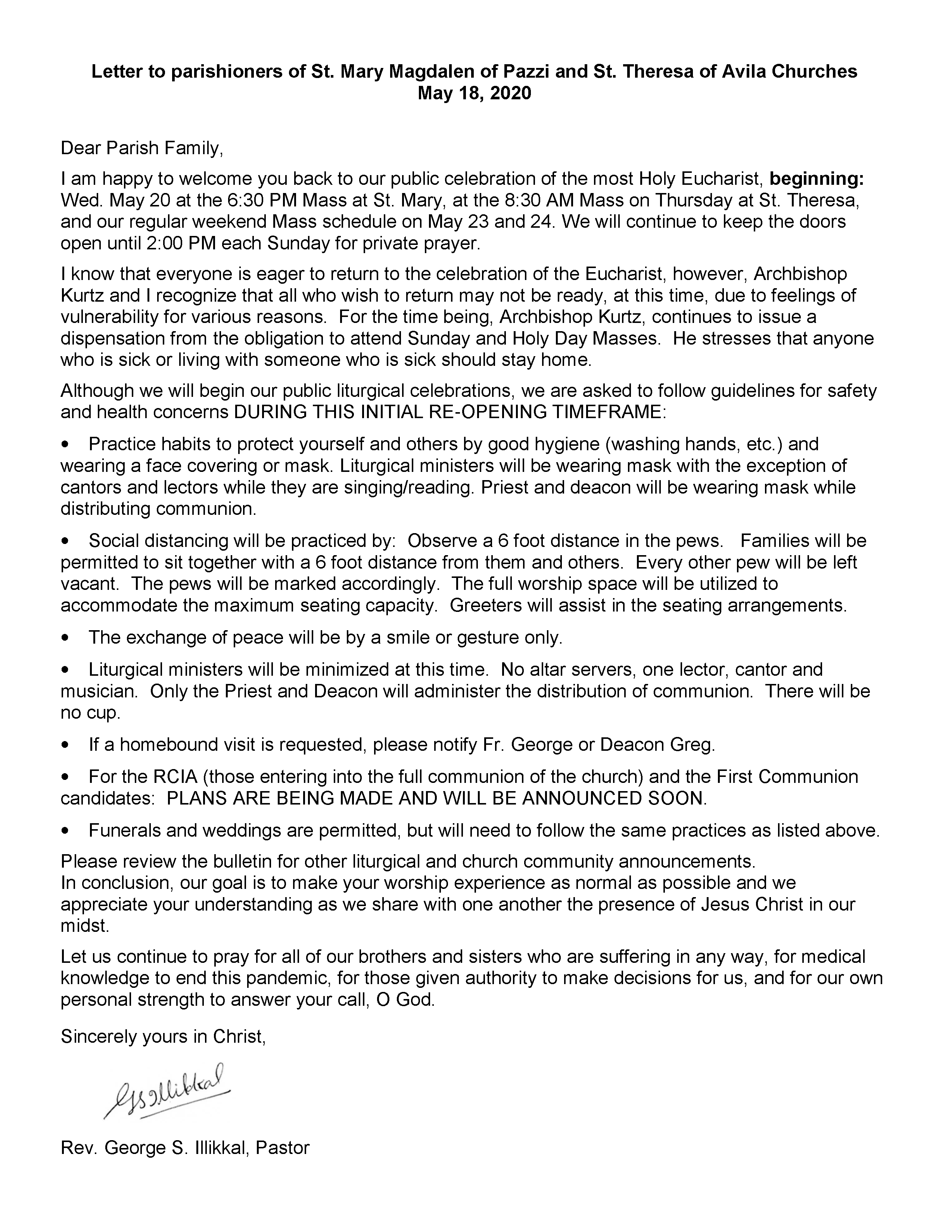 Letter to parishioners May 2020
